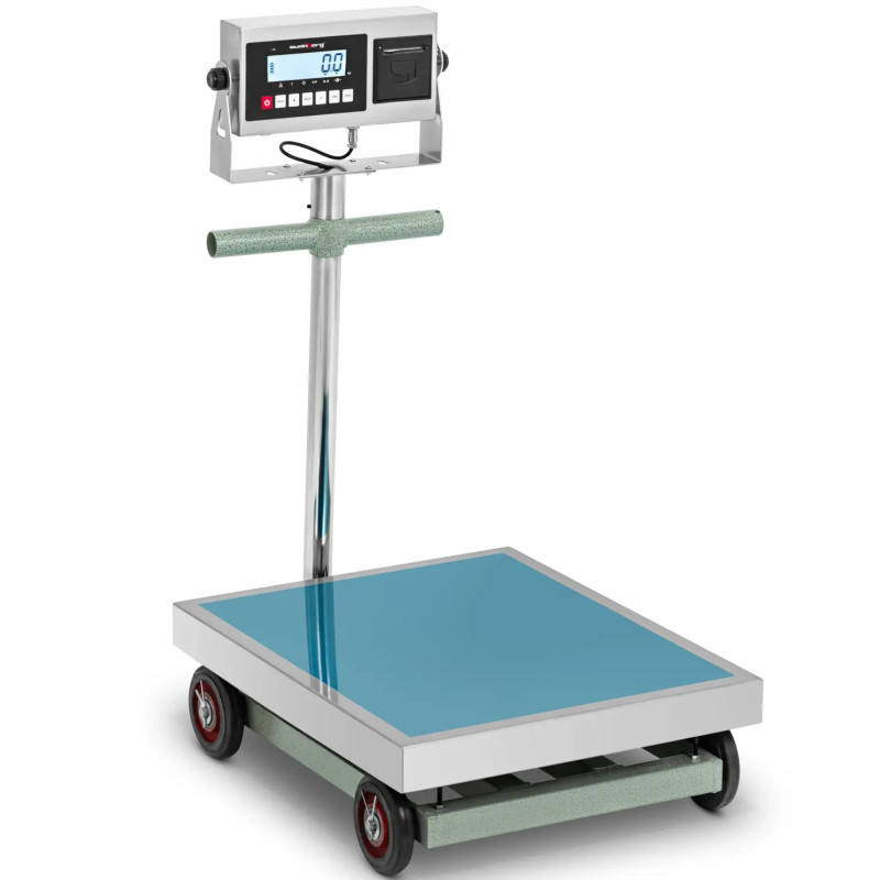 Platforminės svarstyklės su etikečių spausdintuvu ant ratukų LCD 60 x 50 cm 600 kg / 100 g