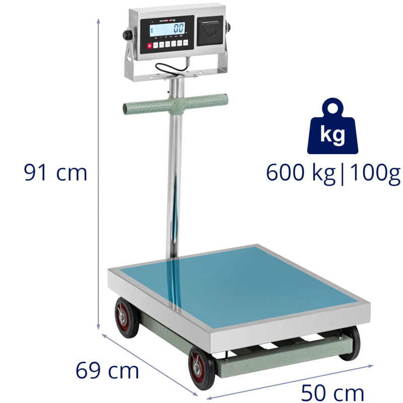 Platforminės svarstyklės su etikečių spausdintuvu ant ratukų LCD 60 x 50 cm 600 kg / 100 g