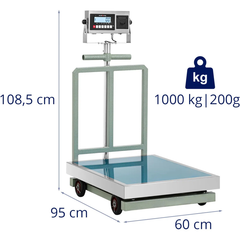 Platforminės svarstyklės su etikečių spausdintuvu ant ratų LCD 60 x 80 cm 1000 kg / 200 g
