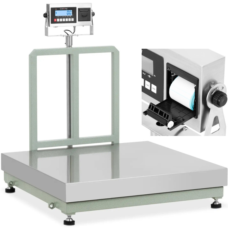 
Platforminės svarstyklės su LCD etikečių spausdintuvu 100 x 100 cm 600 kg / 50 g
