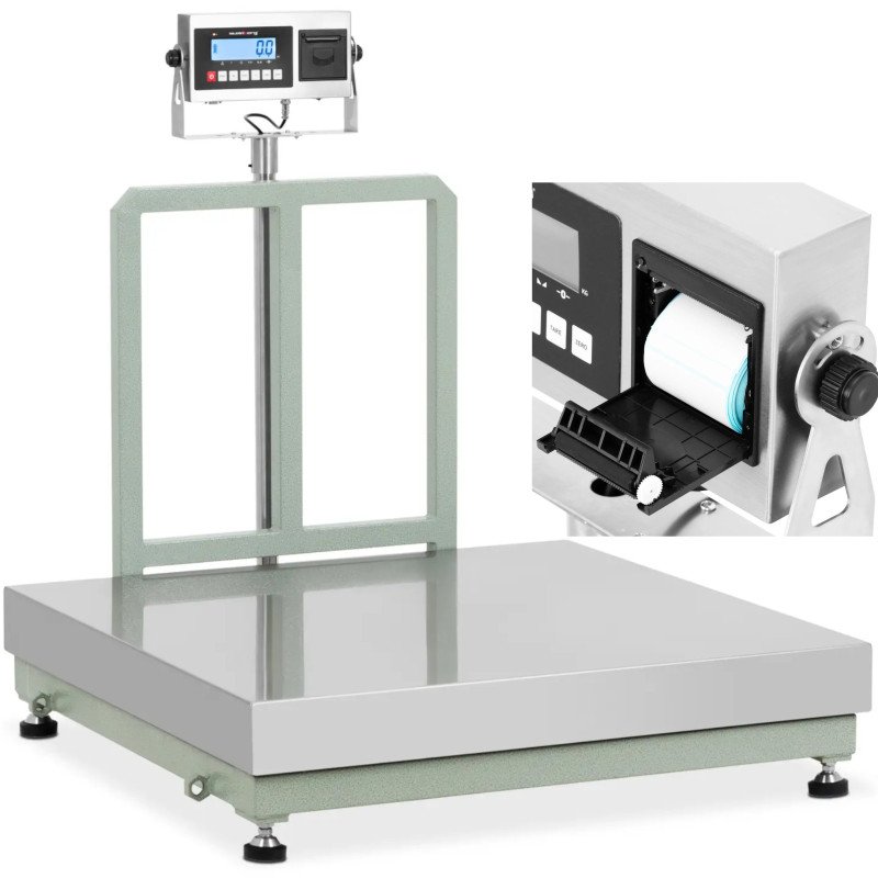 
Platforminės svarstyklės su LCD etikečių spausdintuvu 100 x 100 cm 800 kg / 100 g
