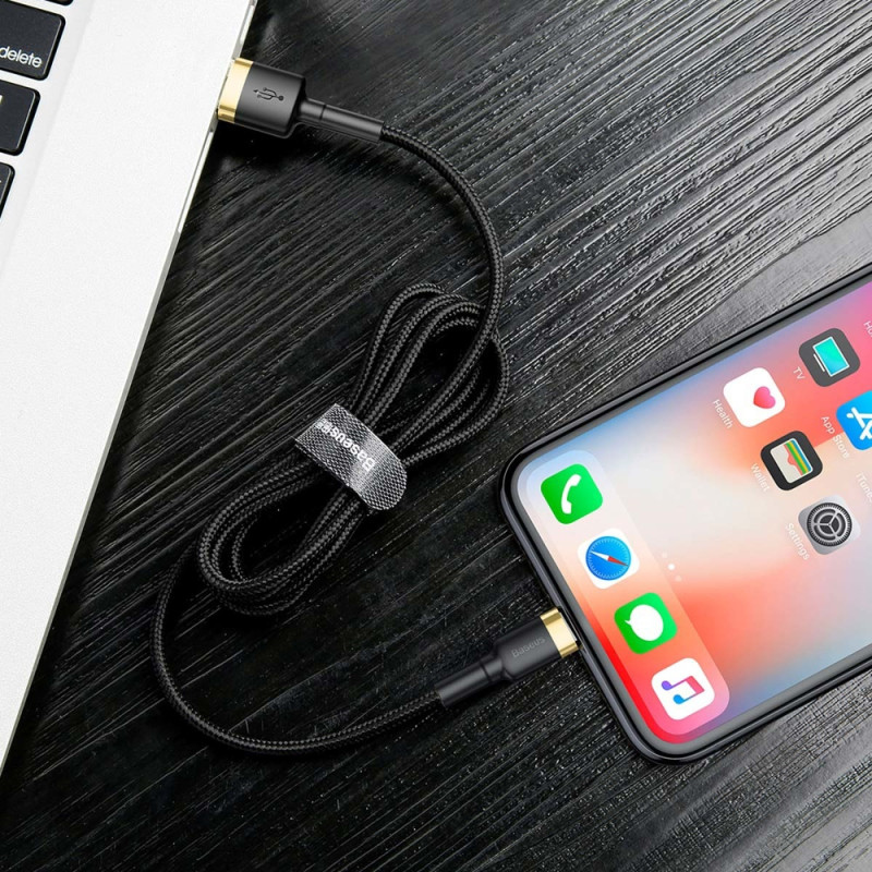 Patvarus lankstus kabelis USB laidas iPhone Lightning QC3.0 1.5A 2M juodos ir auksinės spalvos