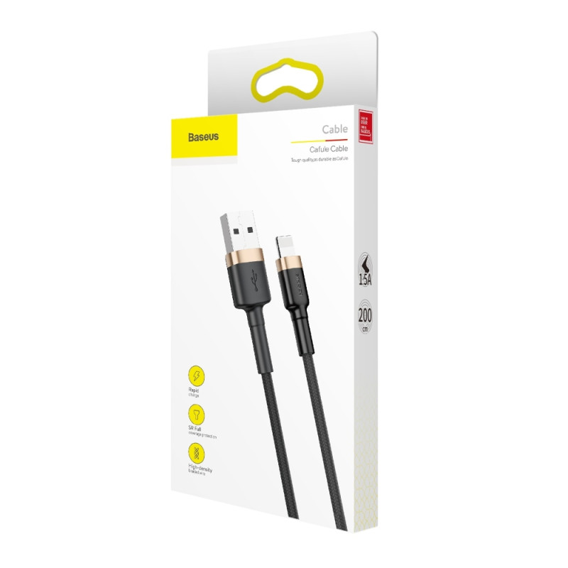 Patvarus lankstus kabelis USB laidas iPhone Lightning QC3.0 1.5A 2M juodos ir auksinės spalvos