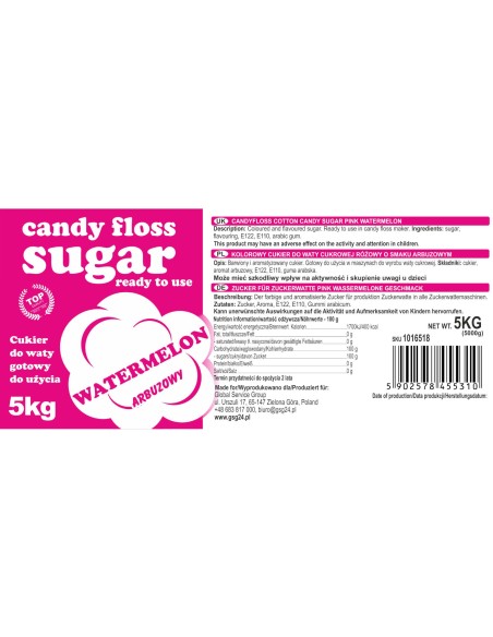Spalvingas cukrus cukraus vatai raudono arbūzo skonio 5kg Spalvingas cukrus cukraus vatai raudono arbūzo skonio 5kg
