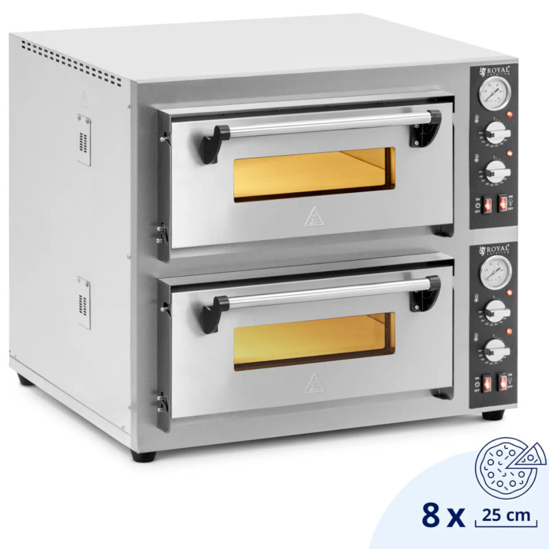 Dviejų kamerų picos krosnis su šamoto akmeniu 8 picoms, skersmuo 25cm 8400W