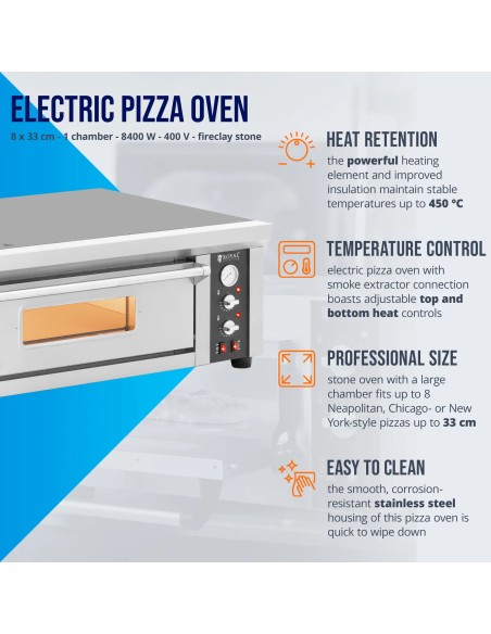 
Elektrinė picų krosnelė su šamotu 8 picoms, skersmuo 33cm 400V 8400W
