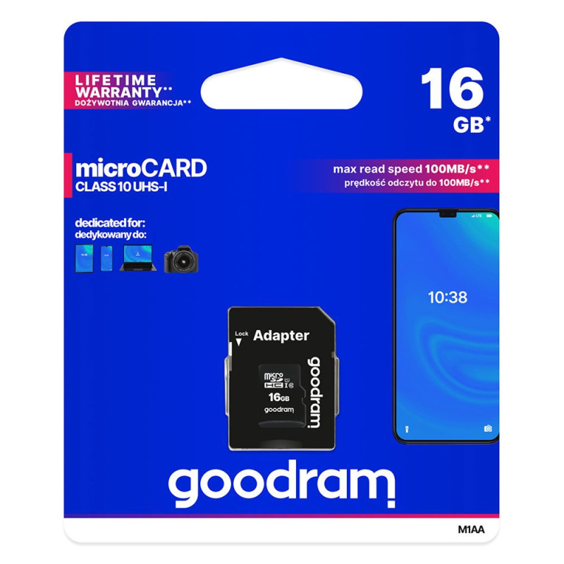 
Microcard 16GB micro SD HC/ XC UHS-I atminties kortelės SD adapteris nuskaito iki 100mb/ s
