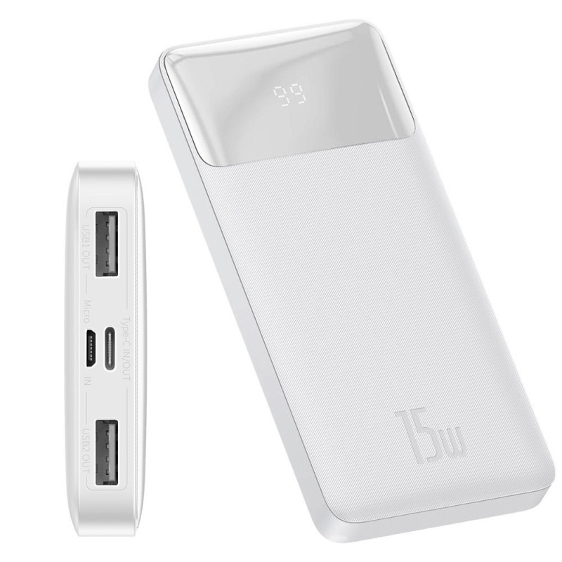 Powerbank 10000mAh 2xUSB USB-C microUSB 15W balta