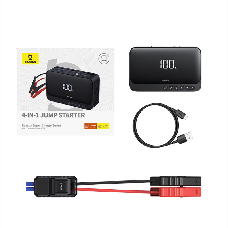 
4 viename starteris 600A su žibintuvėliu, 6000 mAh maitinimo blokas, Super Energy kompresorius - juodas
