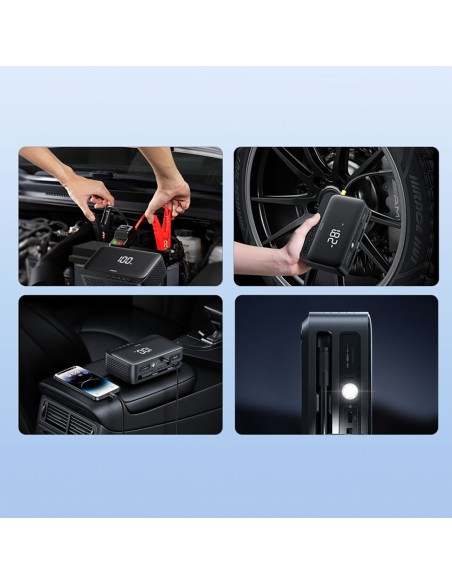 
4 viename starteris 600A su žibintuvėliu, 6000 mAh maitinimo blokas, Super Energy kompresorius - juodas
