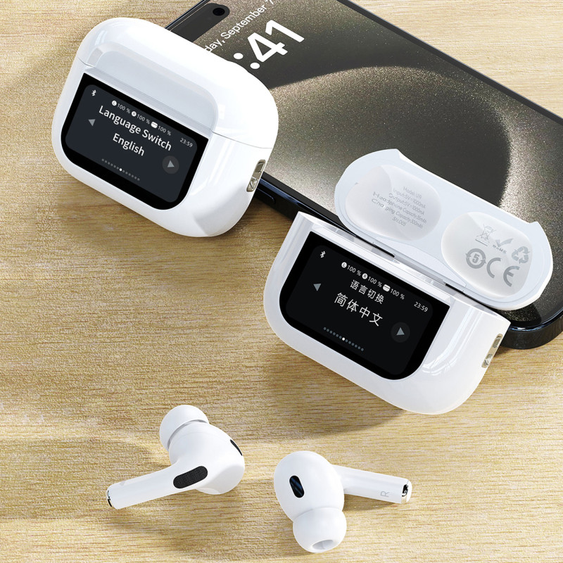 U19 TWS Wireless Bluetooth 5.3 In-Ear ausinės su LED ekranu – balta