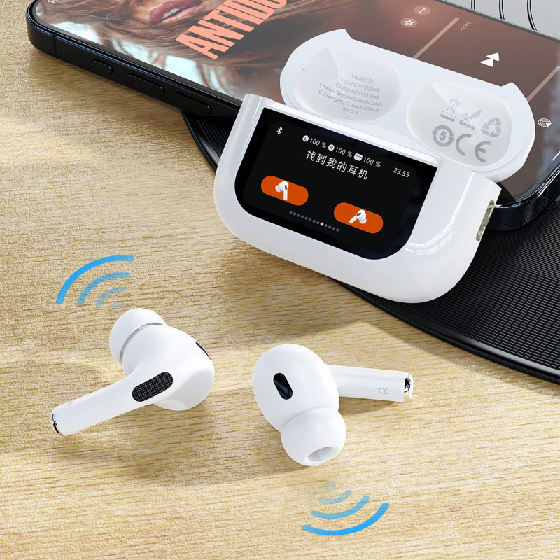U19 TWS Wireless Bluetooth 5.3 In-Ear ausinės su LED ekranu – balta