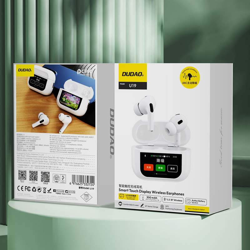 U19 TWS Wireless Bluetooth 5.3 In-Ear ausinės su LED ekranu – balta
