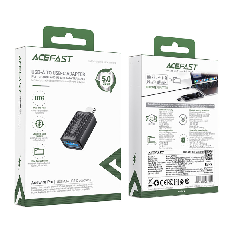 USB-A į USB-C 3.0 vyriškas 5Gb/ s adapteris – juodas