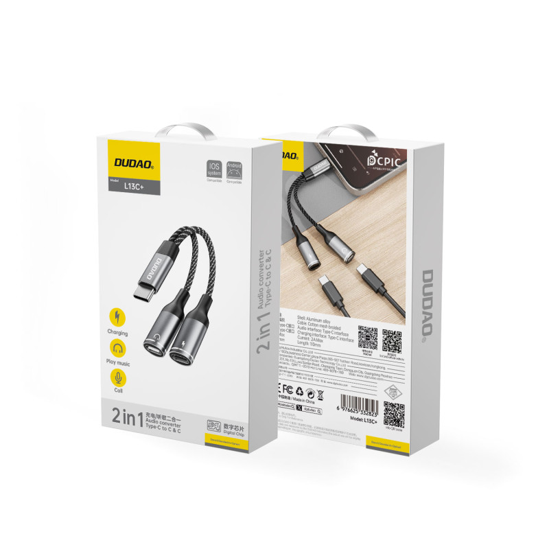 2in1 adapterio skirstytuvas USB-C maitinimui ir ausinėms – pilka