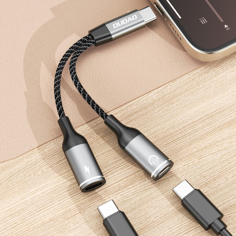 2in1 adapterio skirstytuvas USB-C maitinimui ir ausinėms – pilka