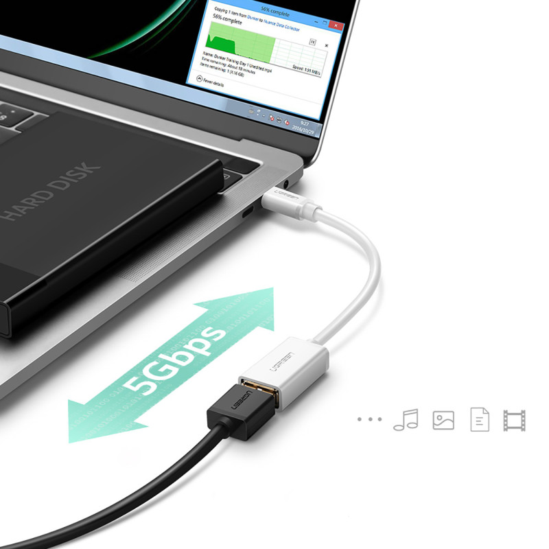 USB-A 3.0 (moteris) – USB-C 3.0 (vyriškas) OTG adapteris – baltas