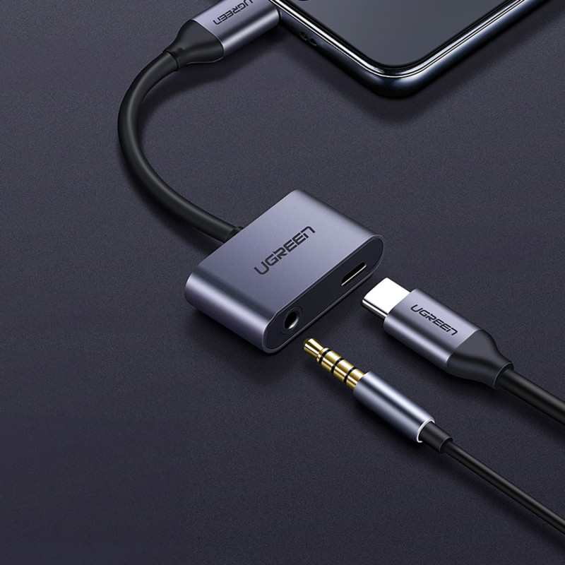 Garso adapteris 2 prievadų USB-C (vyriškas) - mini lizdas 3,5 mm / USB-C (moteris) - pilkas