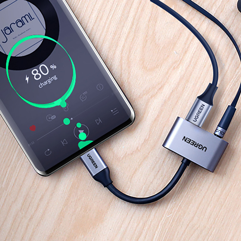 Garso adapteris 2 prievadų USB-C (vyriškas) - mini lizdas 3,5 mm / USB-C (moteris) - pilkas