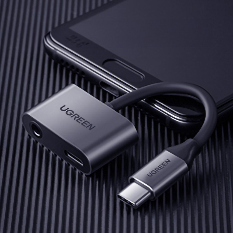 Garso adapteris 2 prievadų USB-C (vyriškas) - mini lizdas 3,5 mm / USB-C (moteris) - pilkas