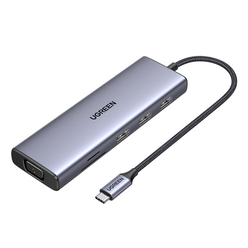 
HUB adapteris USB-C – 3x USB-A 3.0 / HDMI / VGA / RJ45 / SD / TF kortelių skaitytuvas / USB-C PD - pilka

