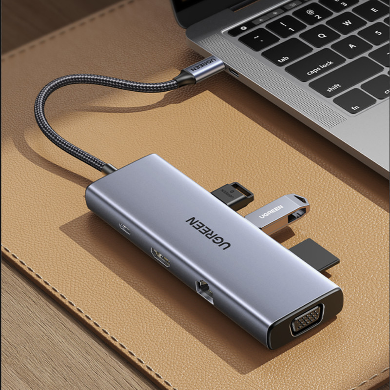 HUB adapteris USB-C – 3x USB-A 3.0 / HDMI / VGA / RJ45 / SD / TF kortelių skaitytuvas / USB-C PD - pilka