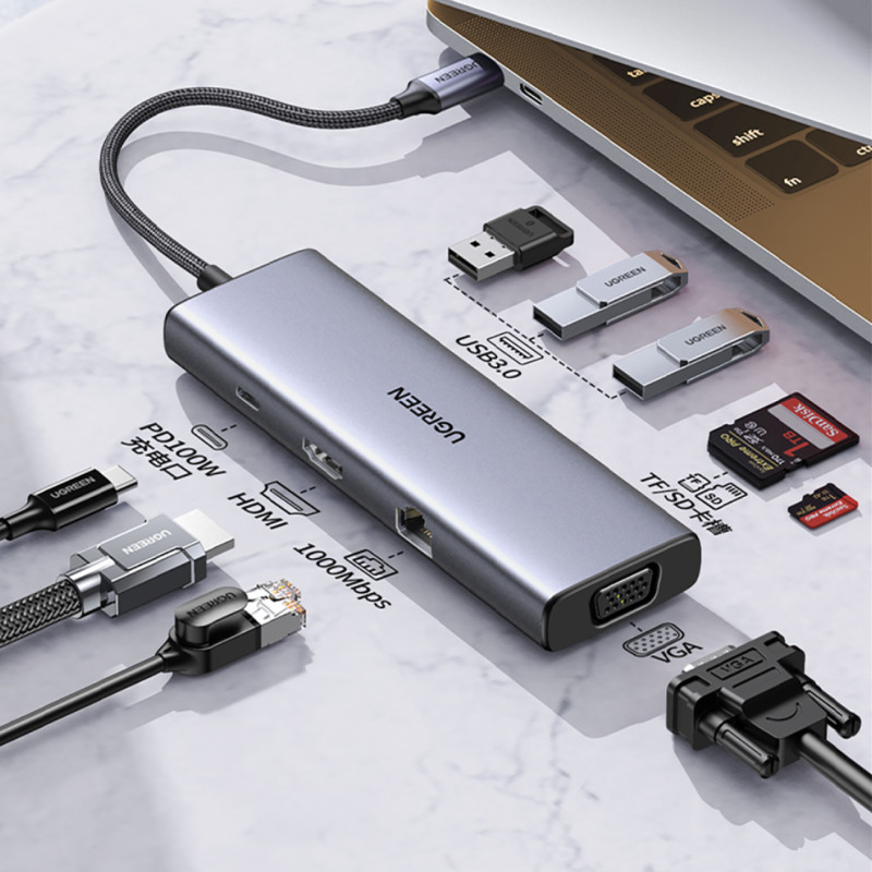 HUB adapteris USB-C – 3x USB-A 3.0 / HDMI / VGA / RJ45 / SD / TF kortelių skaitytuvas / USB-C PD - pilka