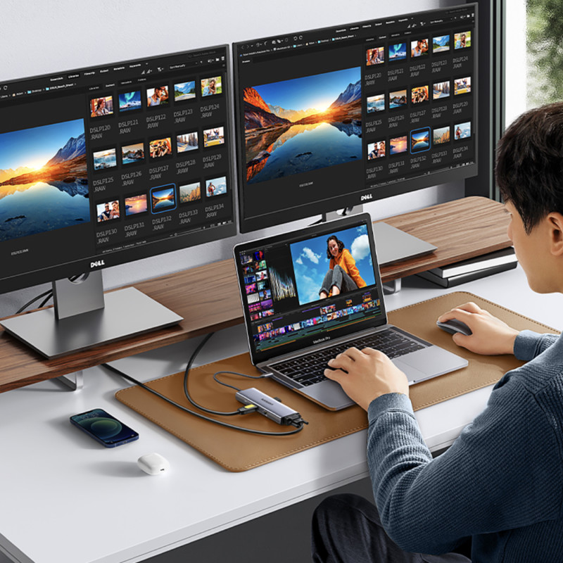 HUB adapteris USB-C – 3x USB-A 3.0 / HDMI / VGA / RJ45 / SD / TF kortelių skaitytuvas / USB-C PD - pilka