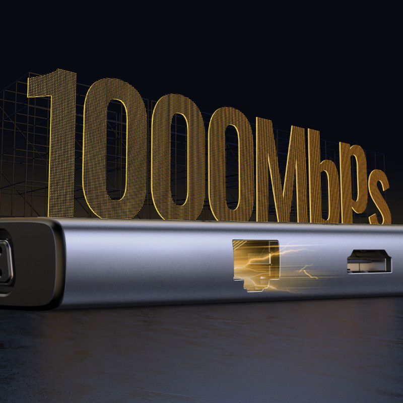 HUB adapteris USB-C – 3x USB-A 3.0 / HDMI / VGA / RJ45 / SD / TF kortelių skaitytuvas / USB-C PD - pilka