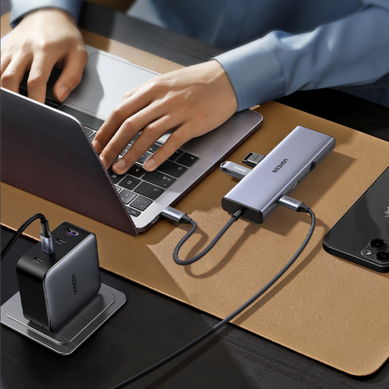 HUB adapteris USB-C – 3x USB-A 3.0 / HDMI / VGA / RJ45 / SD / TF kortelių skaitytuvas / USB-C PD - pilka