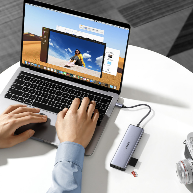 HUB adapteris USB-C – 3x USB-A 3.0 / HDMI / VGA / RJ45 / SD / TF kortelių skaitytuvas / USB-C PD - pilka