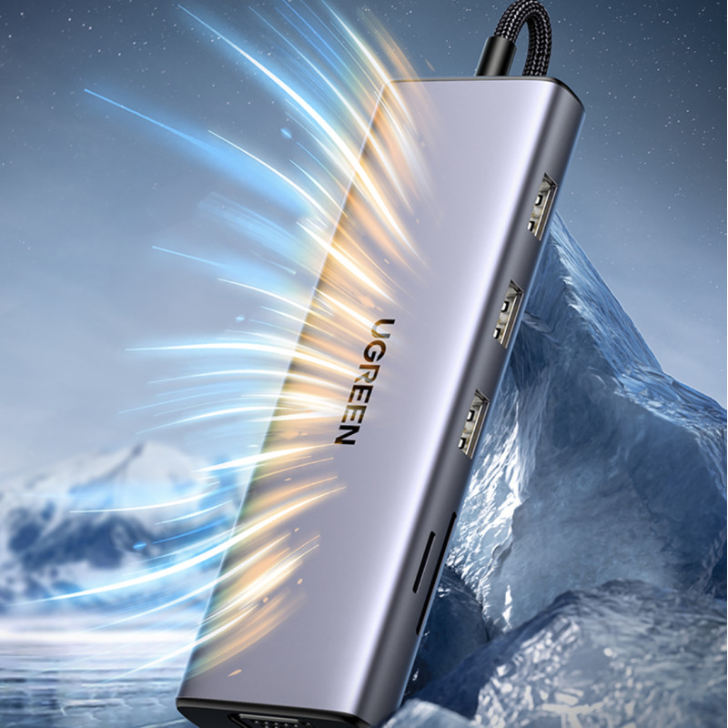 HUB adapteris USB-C – 3x USB-A 3.0 / HDMI / VGA / RJ45 / SD / TF kortelių skaitytuvas / USB-C PD - pilka