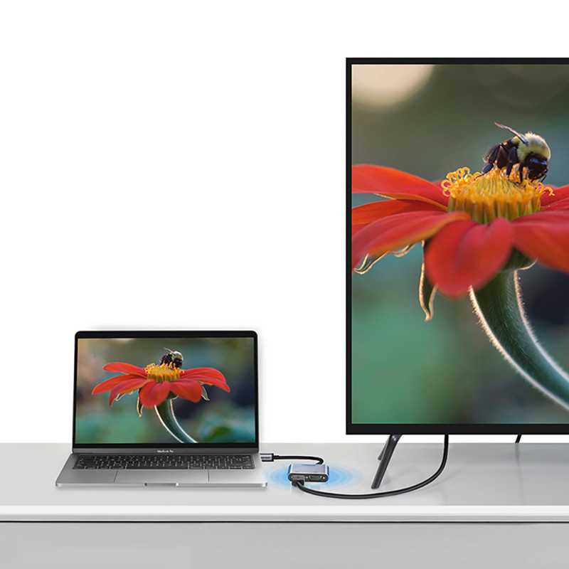 Adapterio skirstytuvas USB-C – HDMI / VGA / USB-A 3.0 / USB-C PD – pilka