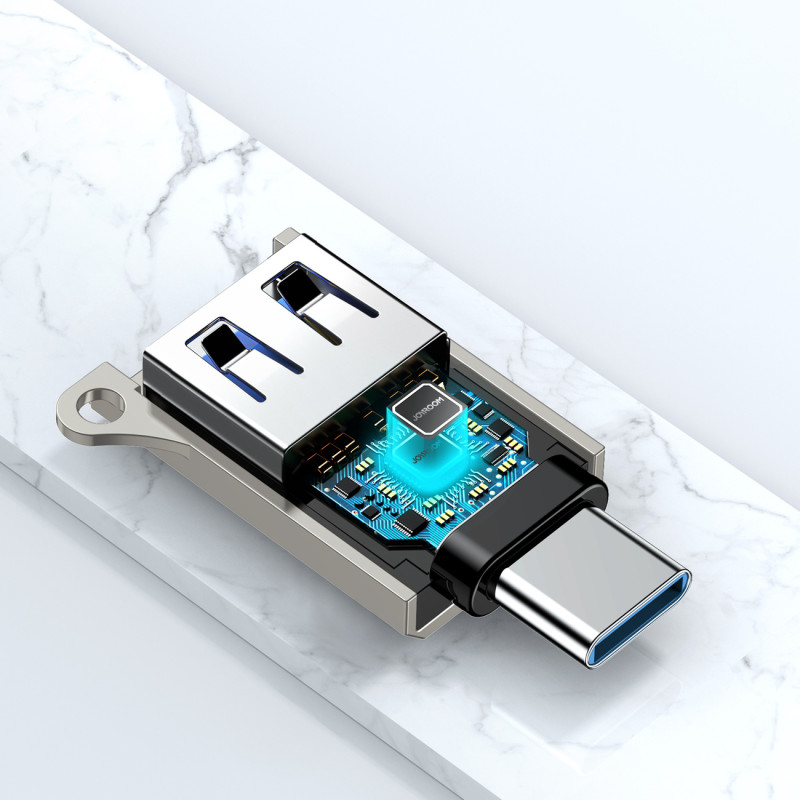 USB-C (vyriškas) – USB-A (moteriškas) adapteris su virvelės akute – sidabrinis