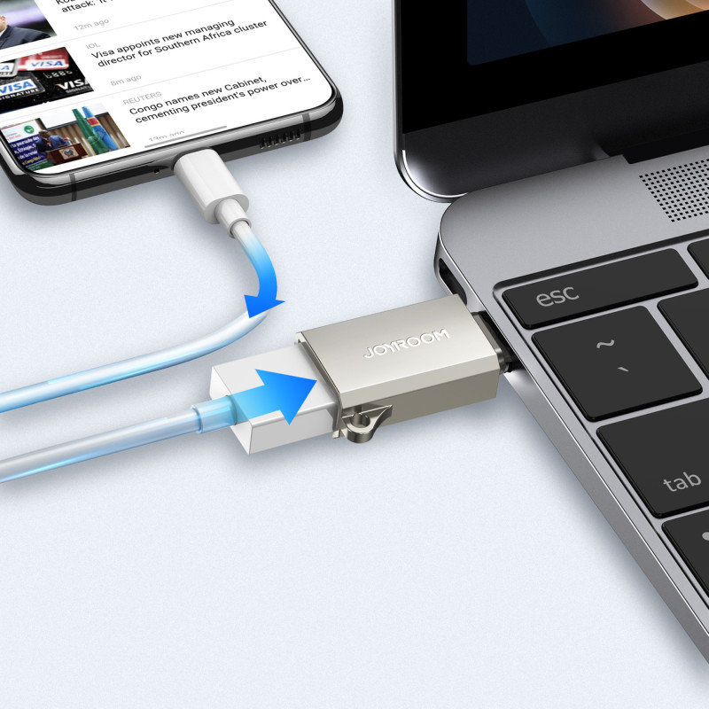 USB-C (vyriškas) – USB-A (moteriškas) adapteris su virvelės akute – sidabrinis