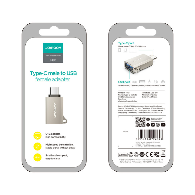 USB-C (vyriškas) – USB-A (moteriškas) adapteris su virvelės akute – sidabrinis