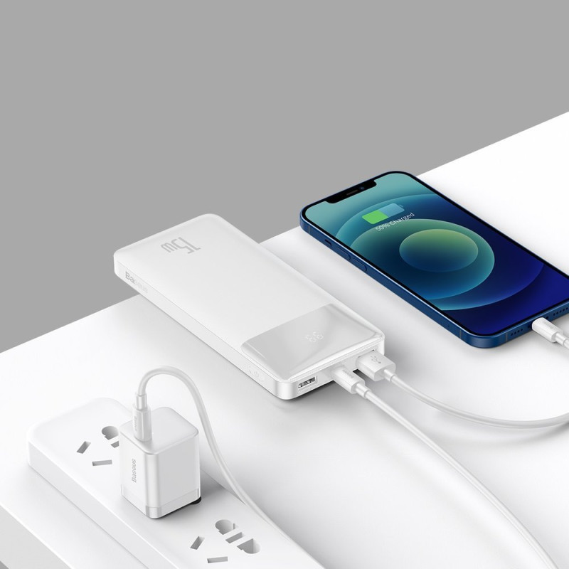 Powerbank 10000mAh 2xUSB USB-C microUSB 15W balta