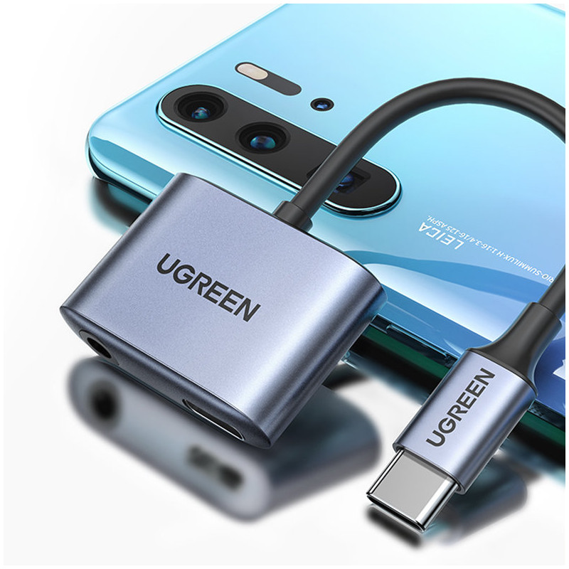 USB-C – USB-C + 3,5 mm mini lizdo garso adapteris – pilkas