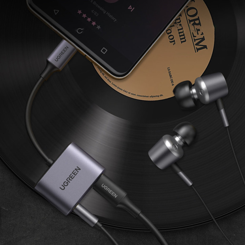 USB-C – USB-C + 3,5 mm mini lizdo garso adapteris – pilkas