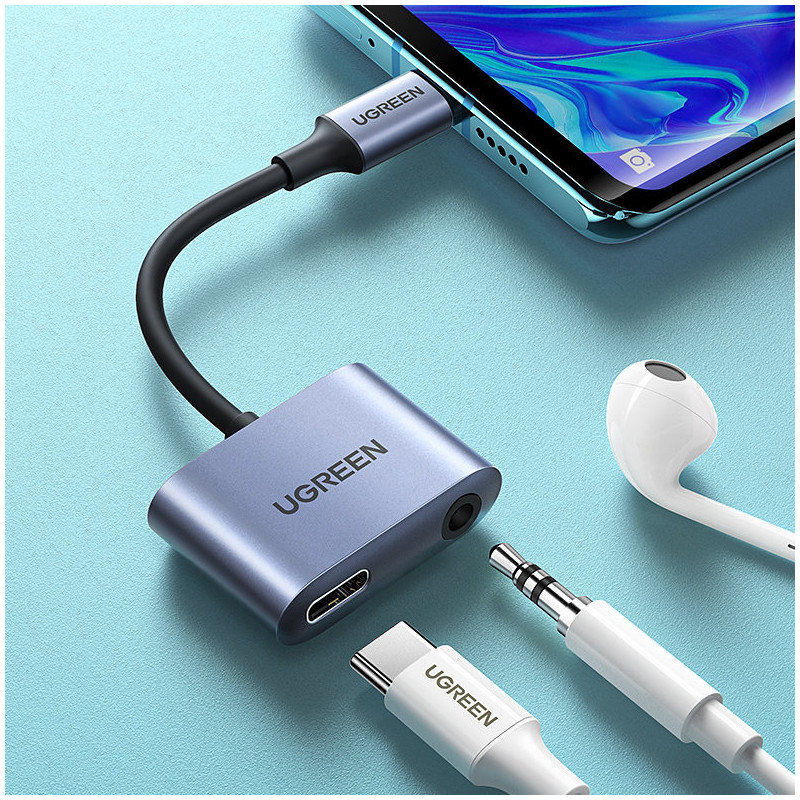 USB-C – USB-C + 3,5 mm mini lizdo garso adapteris – pilkas