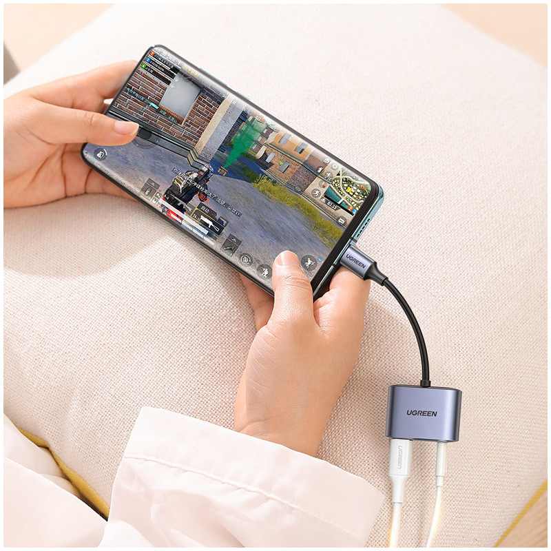 USB-C – USB-C + 3,5 mm mini lizdo garso adapteris – pilkas
