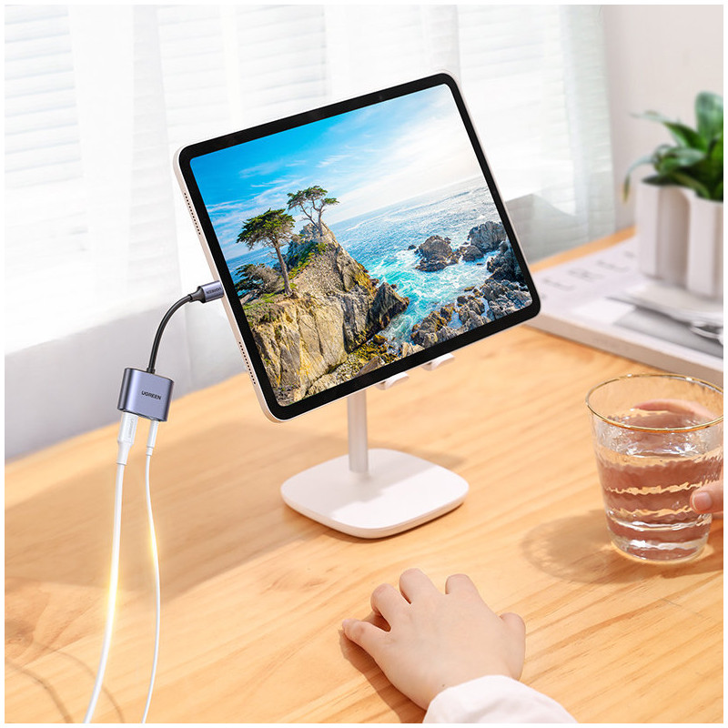 USB-C – USB-C + 3,5 mm mini lizdo garso adapteris – pilkas
