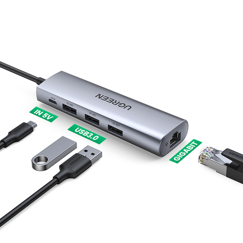 5in1 HUB adapteris USB-A 3.0 - RJ45 / 3x USB-A 3.0 / mikro USB - pilka