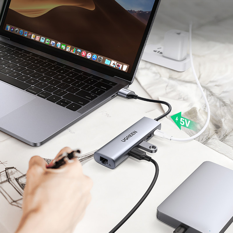 5in1 HUB adapteris USB-A 3.0 - RJ45 / 3x USB-A 3.0 / mikro USB - pilka