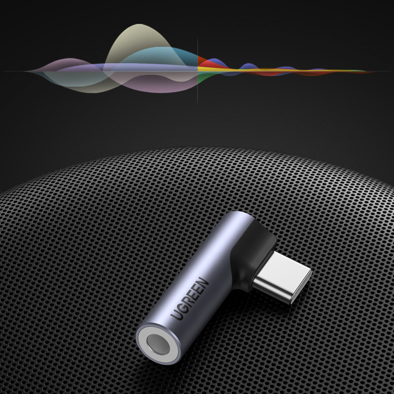 USB-C (vyriškas) – 3,5 mm mini lizdas (moteriškas) kampinis garso adapteris – pilkas