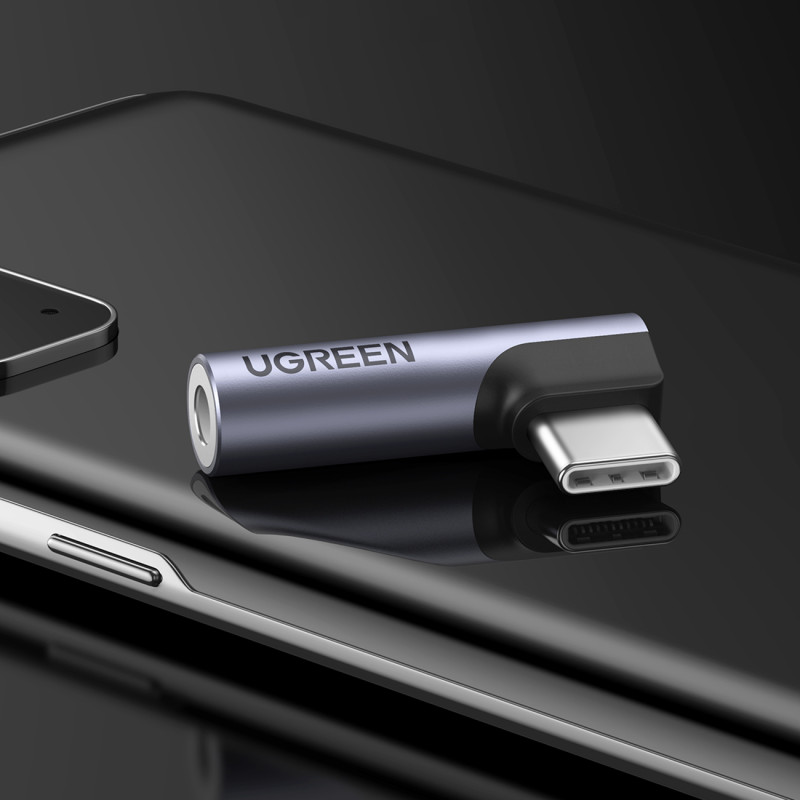 USB-C (vyriškas) – 3,5 mm mini lizdas (moteriškas) kampinis garso adapteris – pilkas