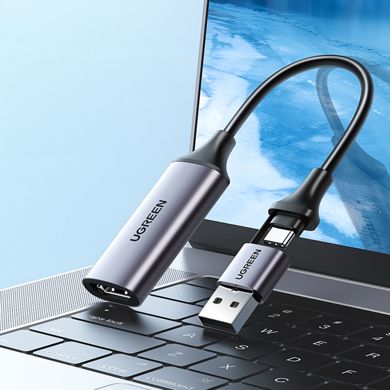 HDMI (moteris) – USB-A / USB-C (vyriškas) adapteris – pilkas
