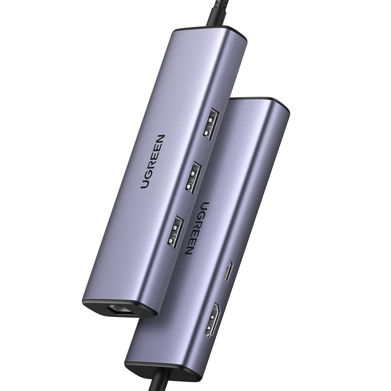 6in1 HUB adapteris USB-C – 3x USB-A 3.0 / HDMI / RJ45 / USB-C PD - pilka