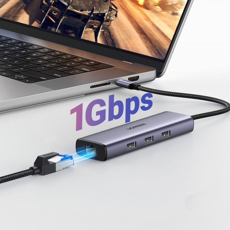 6in1 HUB adapteris USB-C – 3x USB-A 3.0 / HDMI / RJ45 / USB-C PD - pilka