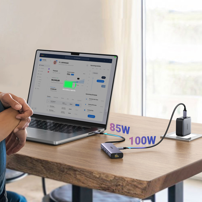 6in1 HUB adapteris USB-C – 3x USB-A 3.0 / HDMI / RJ45 / USB-C PD - pilka
